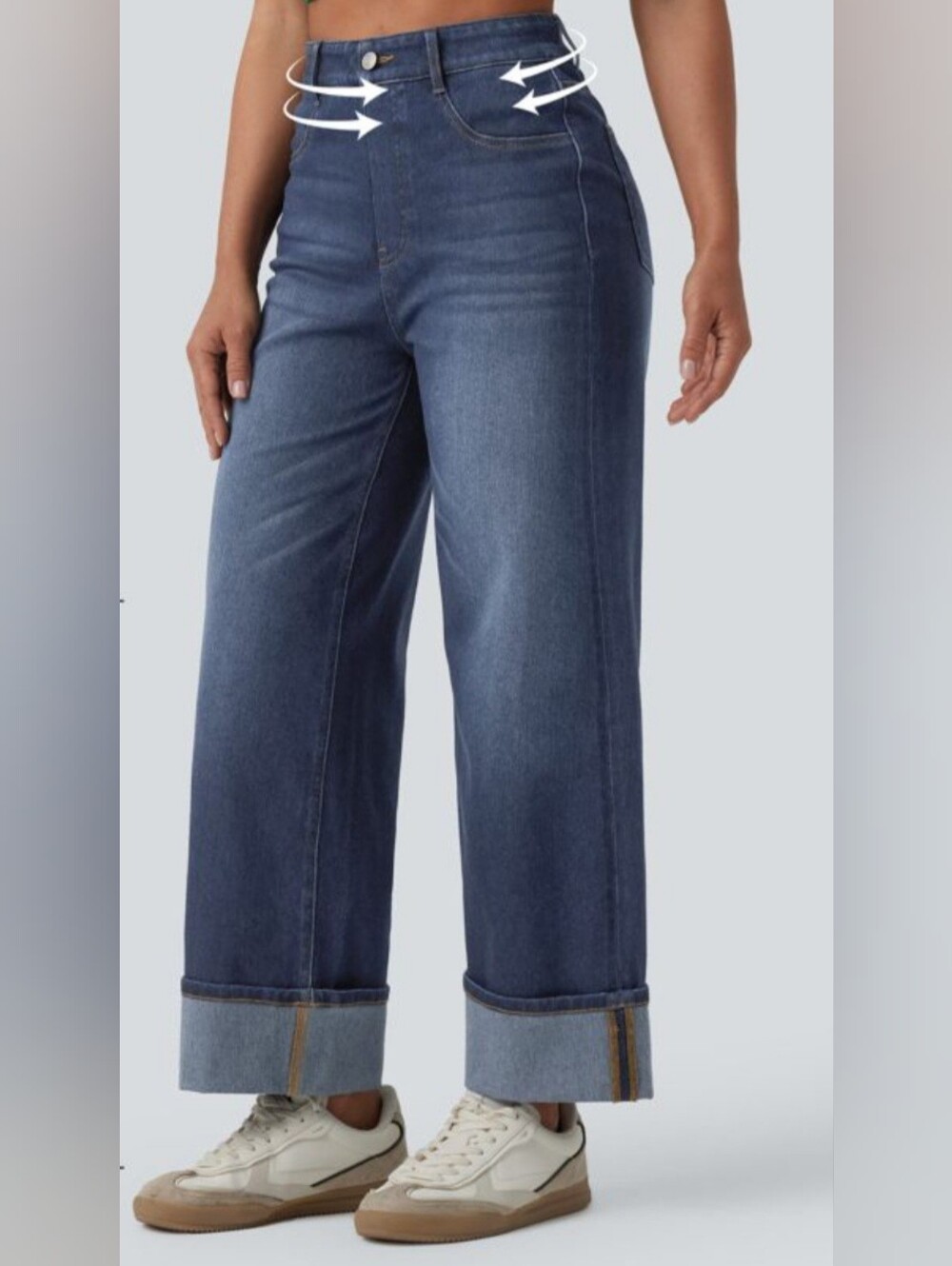 HALARA Dark Blue High-Rise Wide Leg Jeans with Cuffed Hem